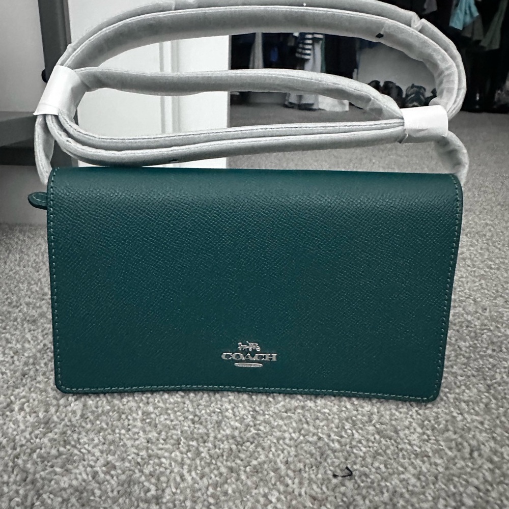 Coach Emerald green leather Anna Clutch bag with silver hardware